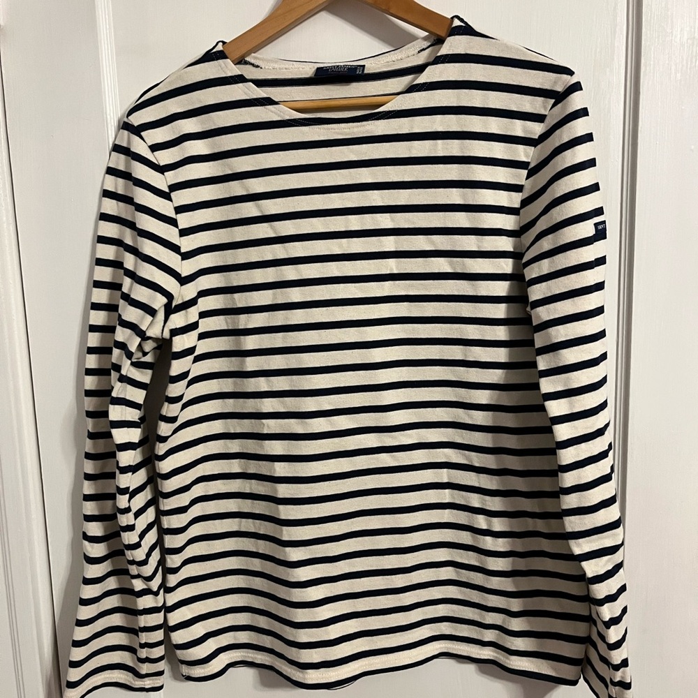 Saint James Meridien Moderne Ecru and Navy Bretton Striped Top Unisex Large